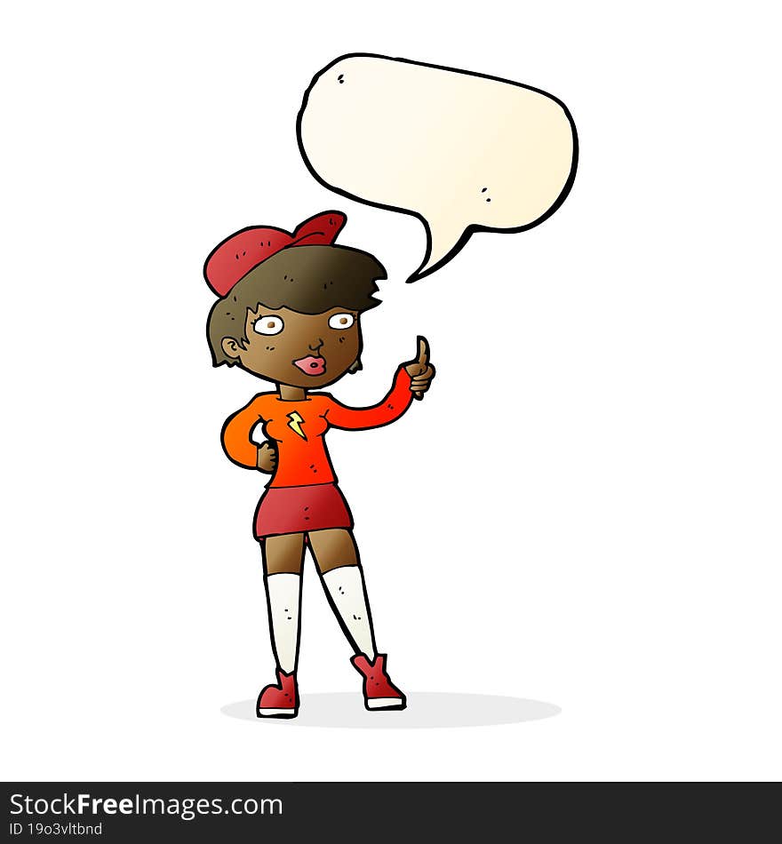 cartoon skater girl giving thumbs up symbol with speech bubble