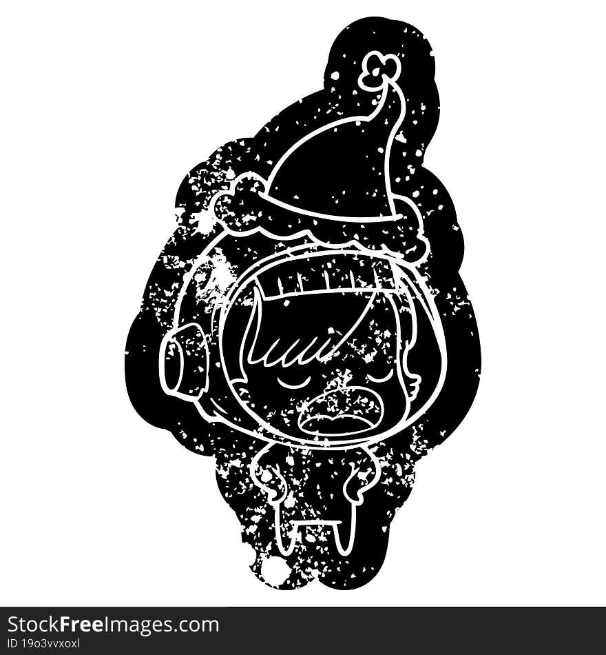 cartoon distressed icon of a astronaut woman explaining wearing santa hat