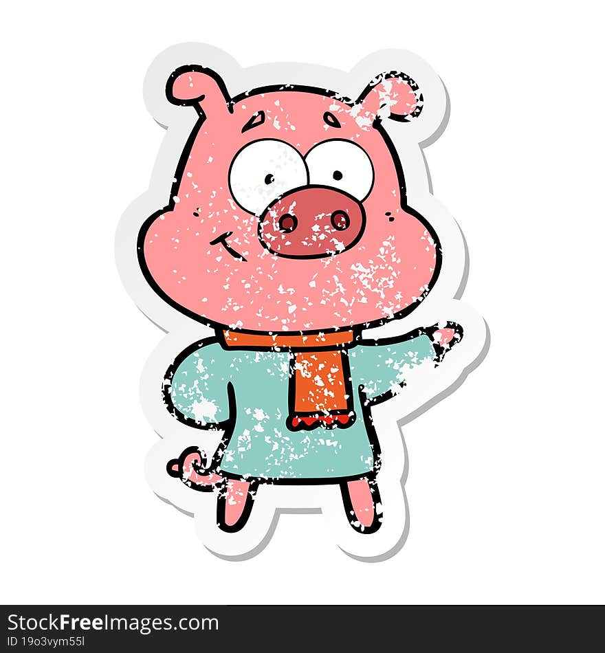 distressed sticker of a happy cartoon pig wearing warm clothes