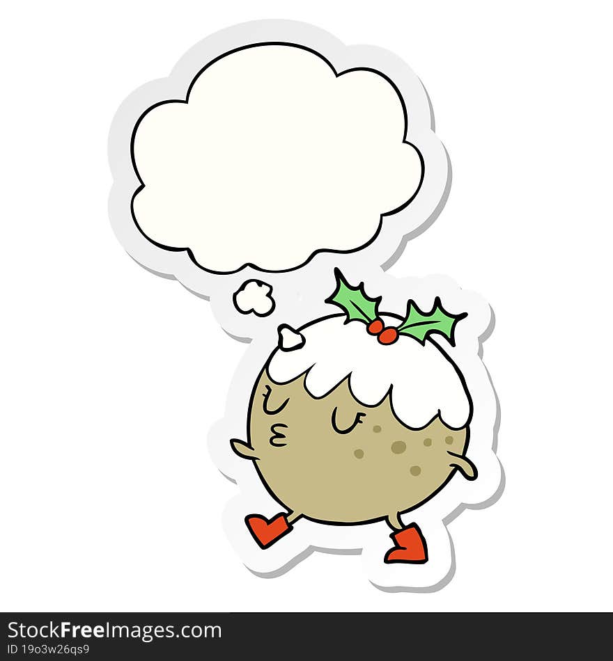 cartoon chrstmas pudding walking and thought bubble as a printed sticker