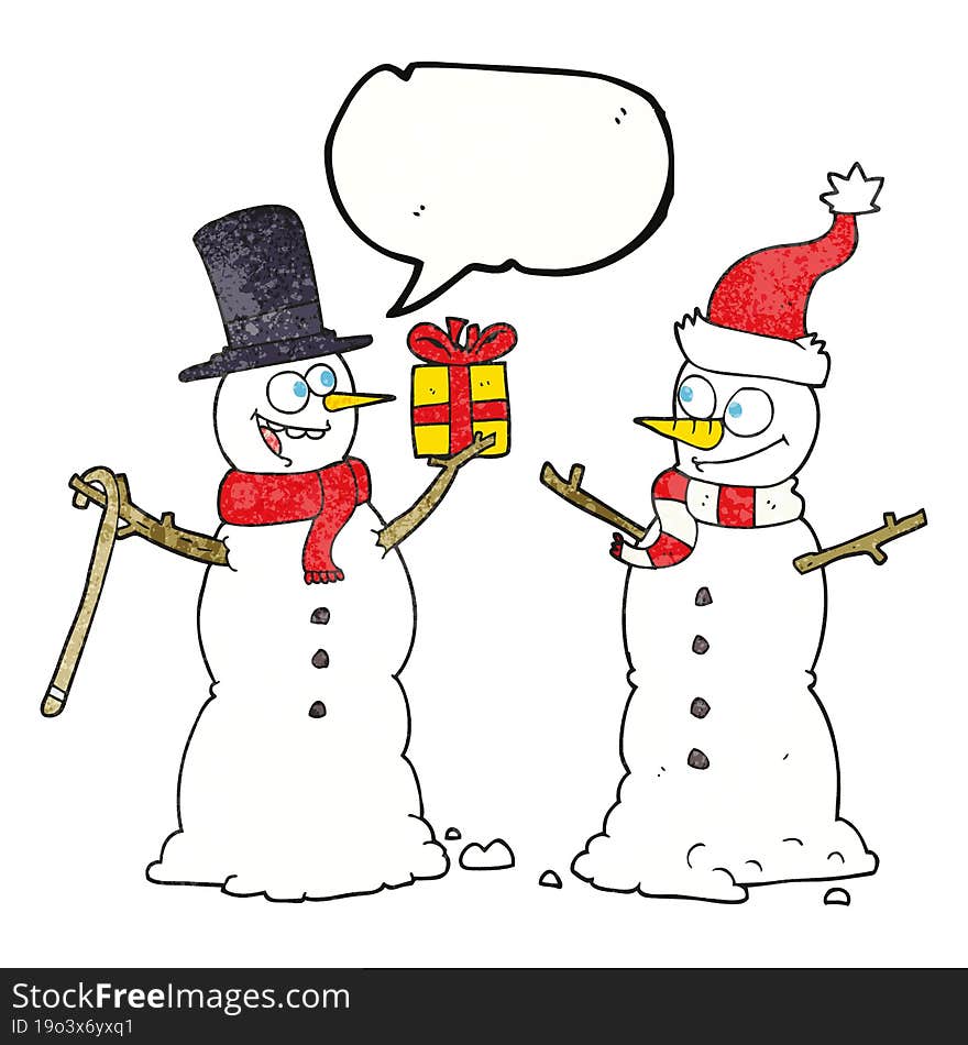 speech bubble textured cartoon snowmen exchanging gifts