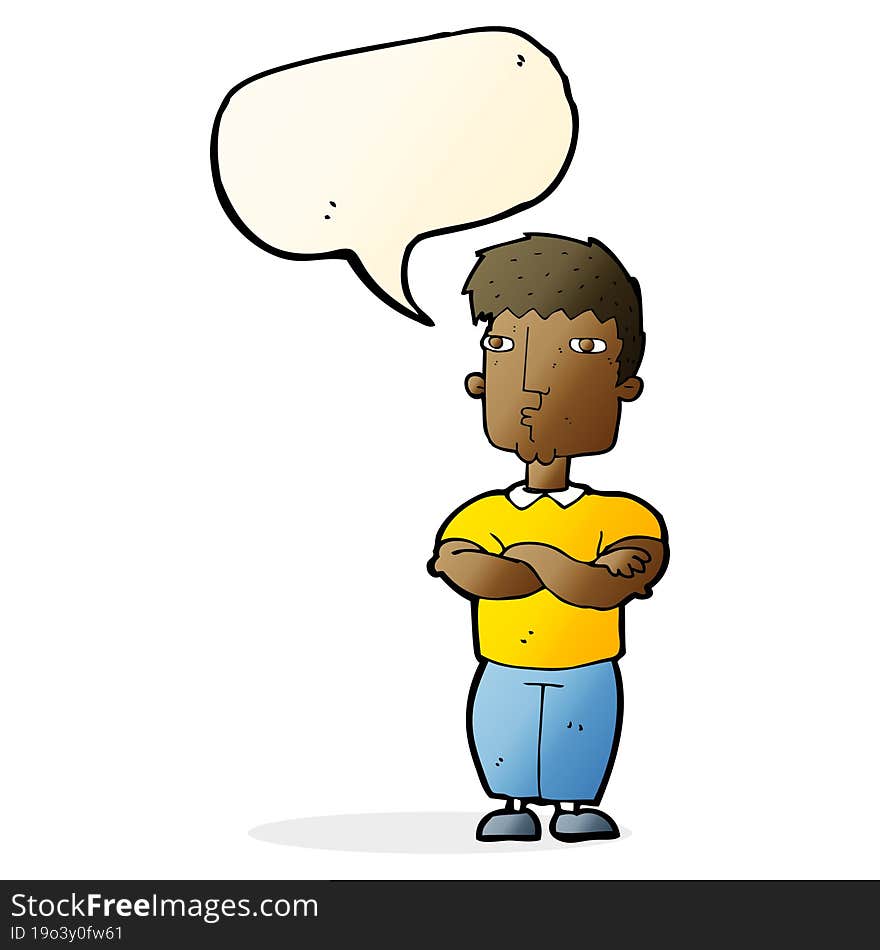 cartoon man with crossed arms with speech bubble