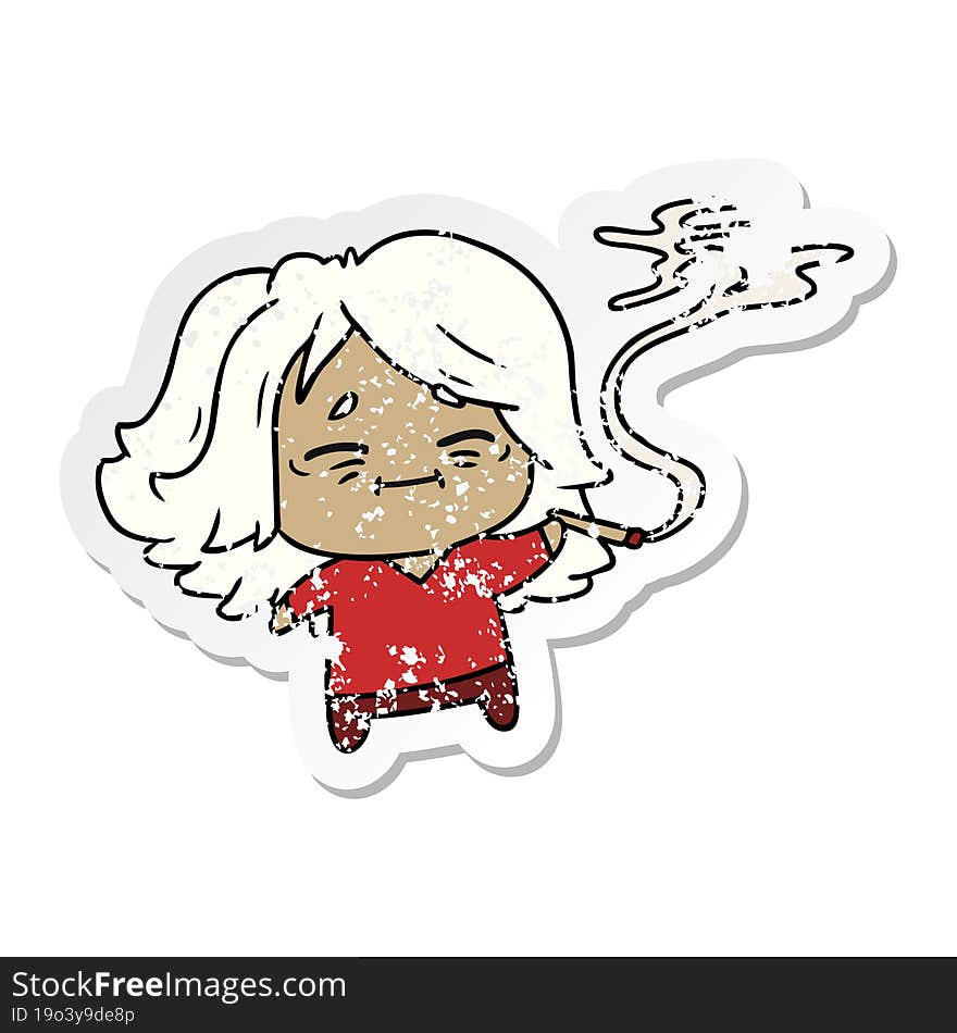 distressed sticker cartoon of cute kawaii old woman