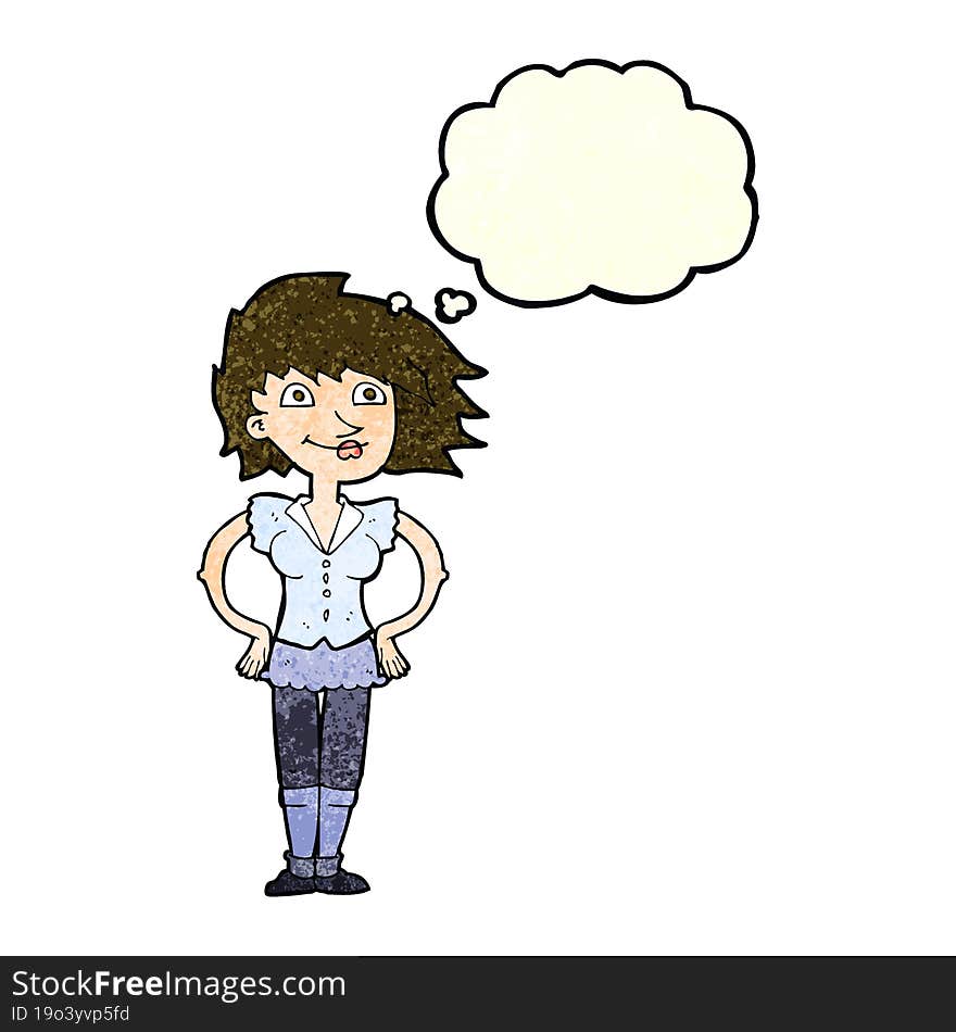 cartoon woman with hands on hips with thought bubble