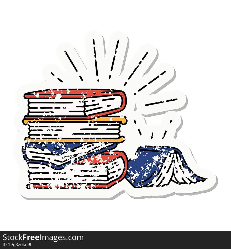 grunge sticker of tattoo style stack of books