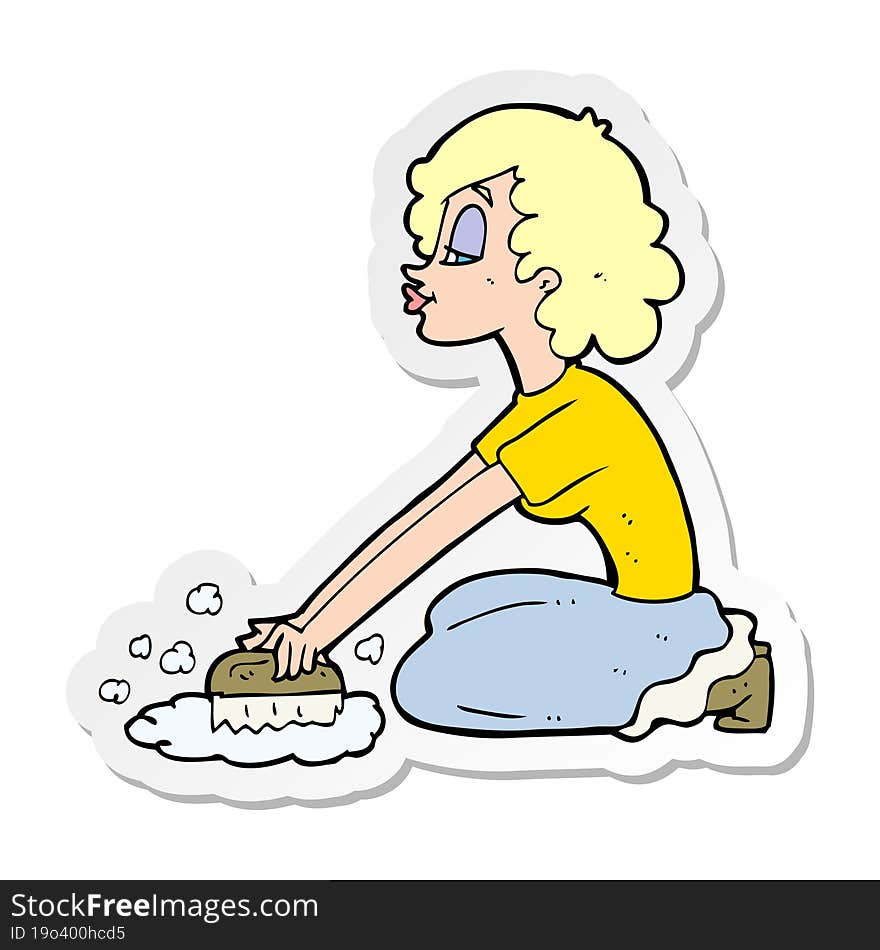 sticker of a cartoon woman scrubbing floor