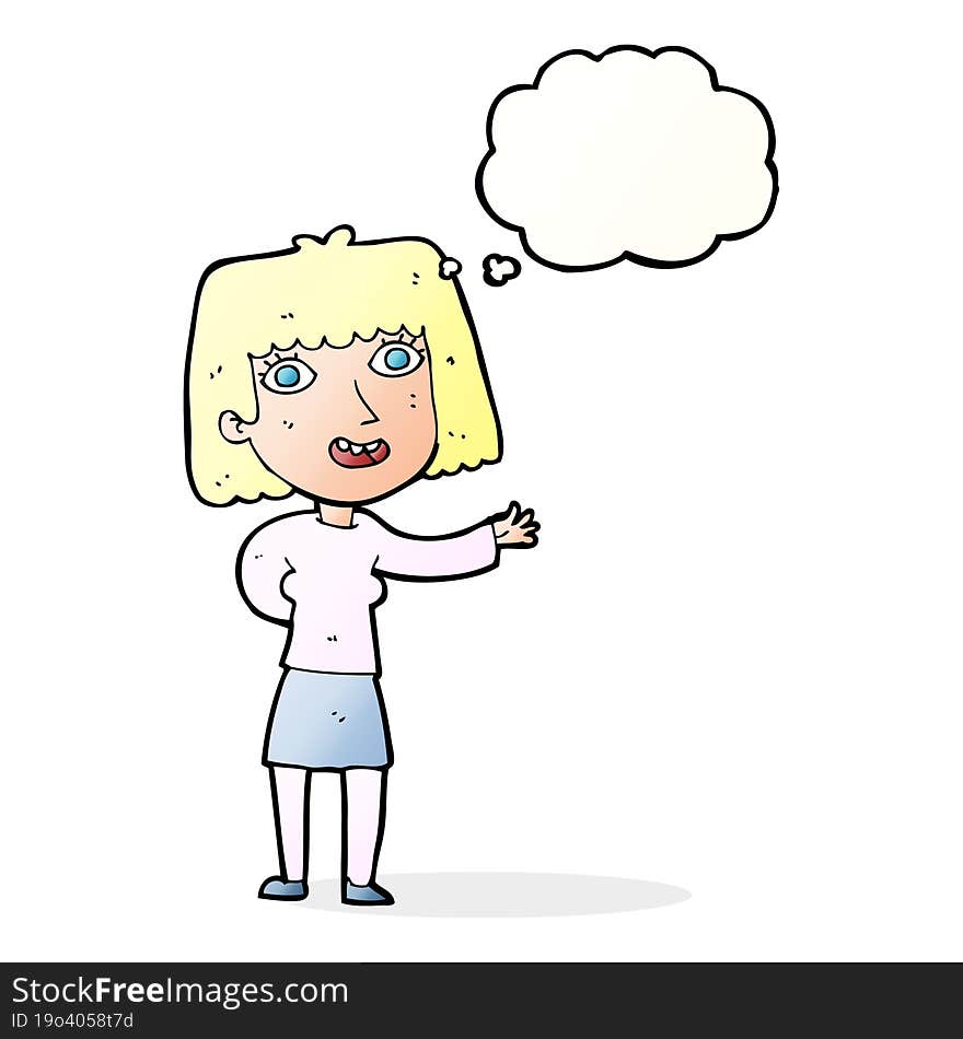 cartoon friendly woman waving with thought bubble