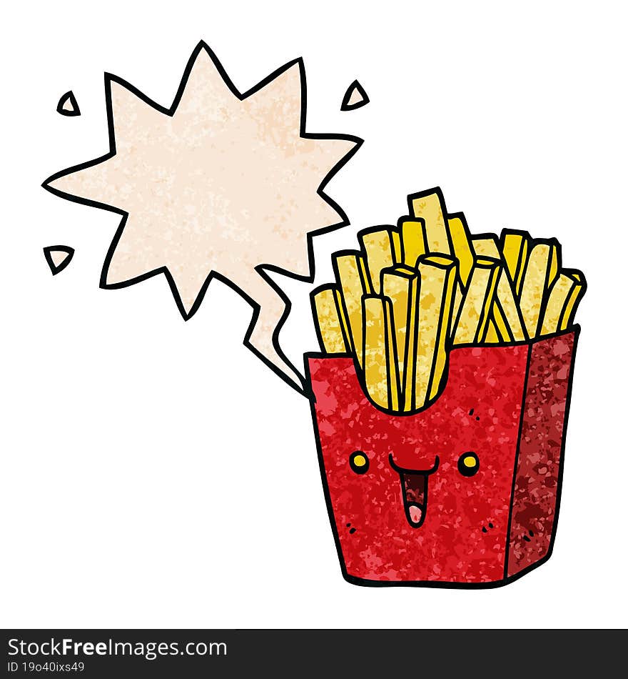 cute cartoon box of fries and speech bubble in retro texture style