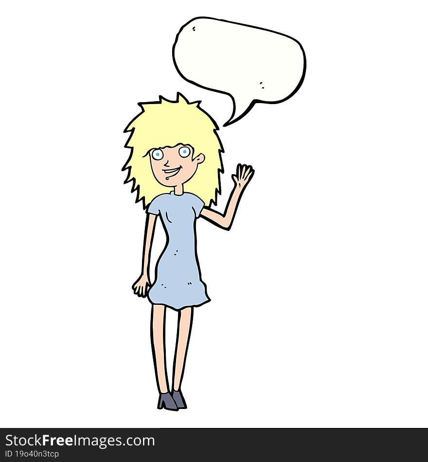 Cartoon Happy Woman Waving With Speech Bubble