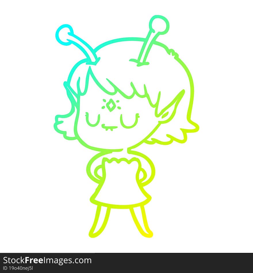 cold gradient line drawing of a cartoon alien girl