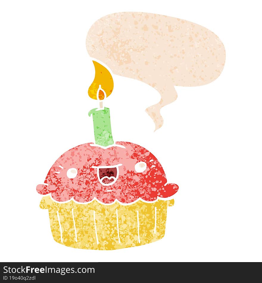 cartoon cupcake with candle and speech bubble in retro textured style