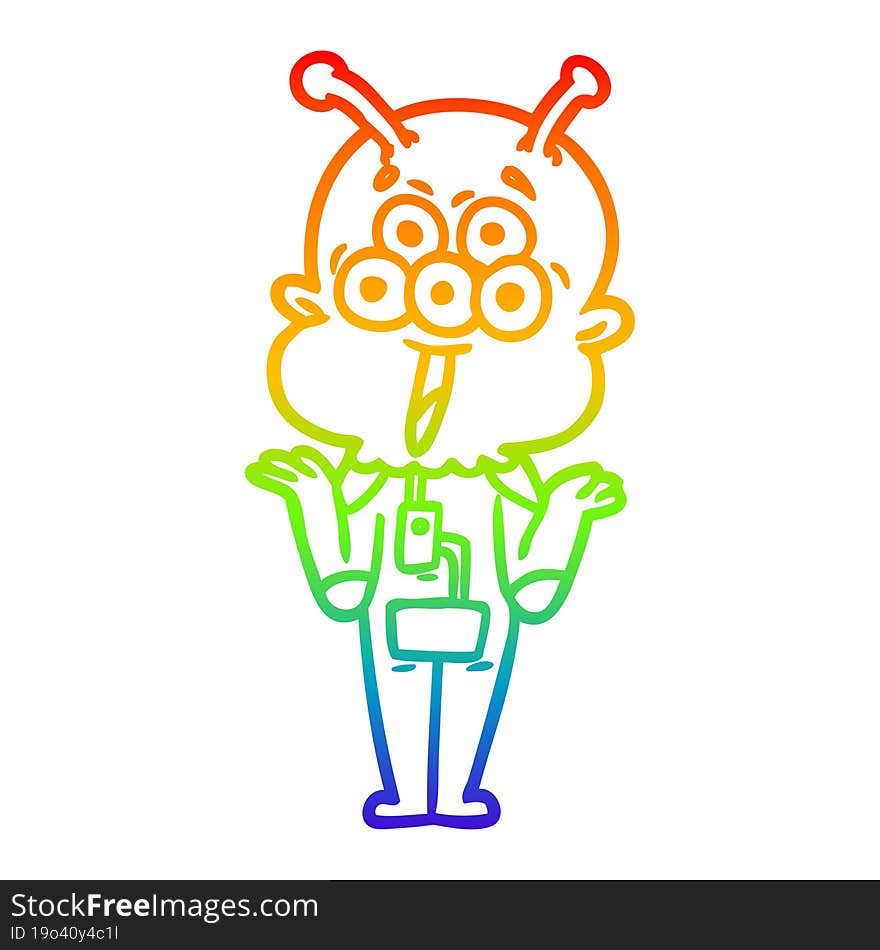 rainbow gradient line drawing happy cartoon alien shrugging shoulders