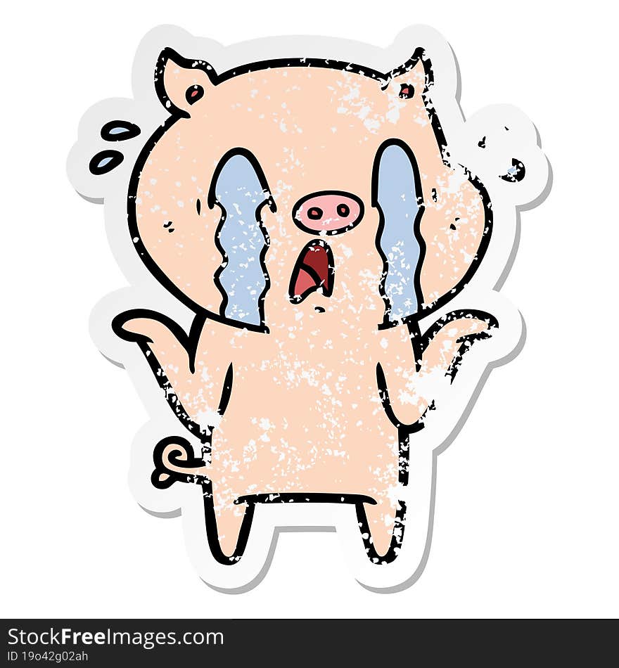 distressed sticker of a crying pig cartoon