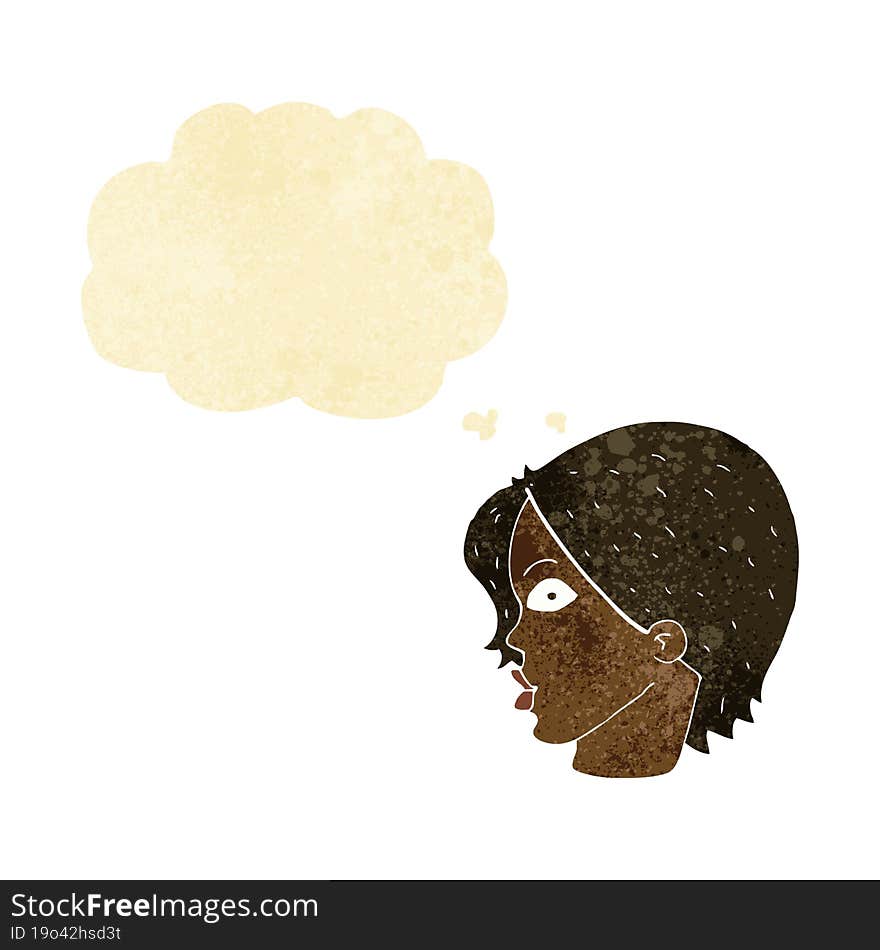 cartoon staring woman with thought bubble