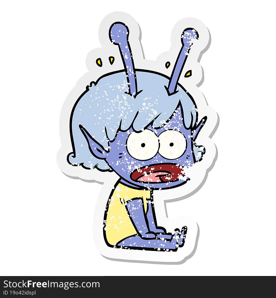 distressed sticker of a cartoon shocked alien girl