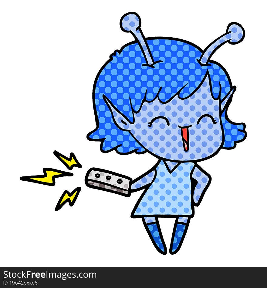 cartoon alien girl laughing with remote control. cartoon alien girl laughing with remote control