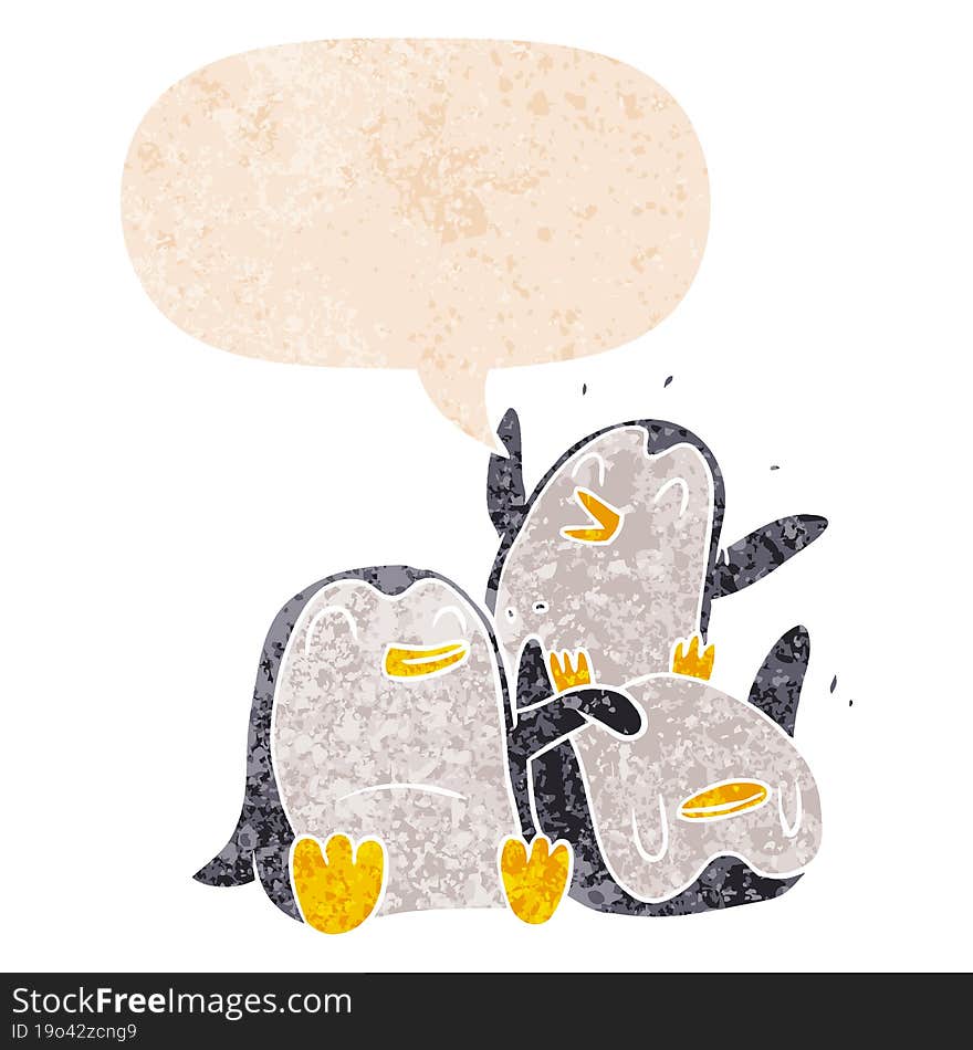 cartoon penguins and speech bubble in retro textured style