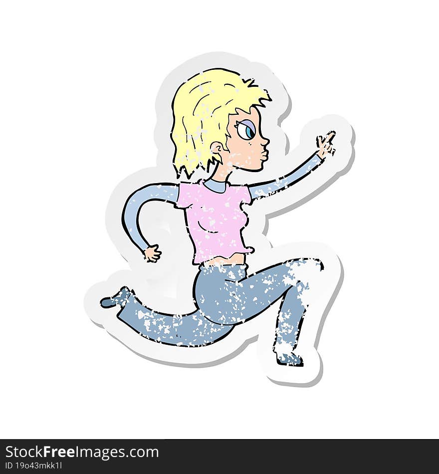 retro distressed sticker of a cartoon woman running and pointing