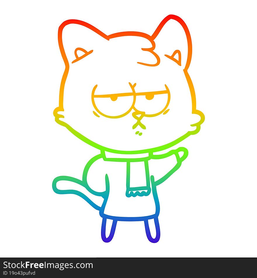 Rainbow Gradient Line Drawing Bored Cartoon Cat In Winter Clothes