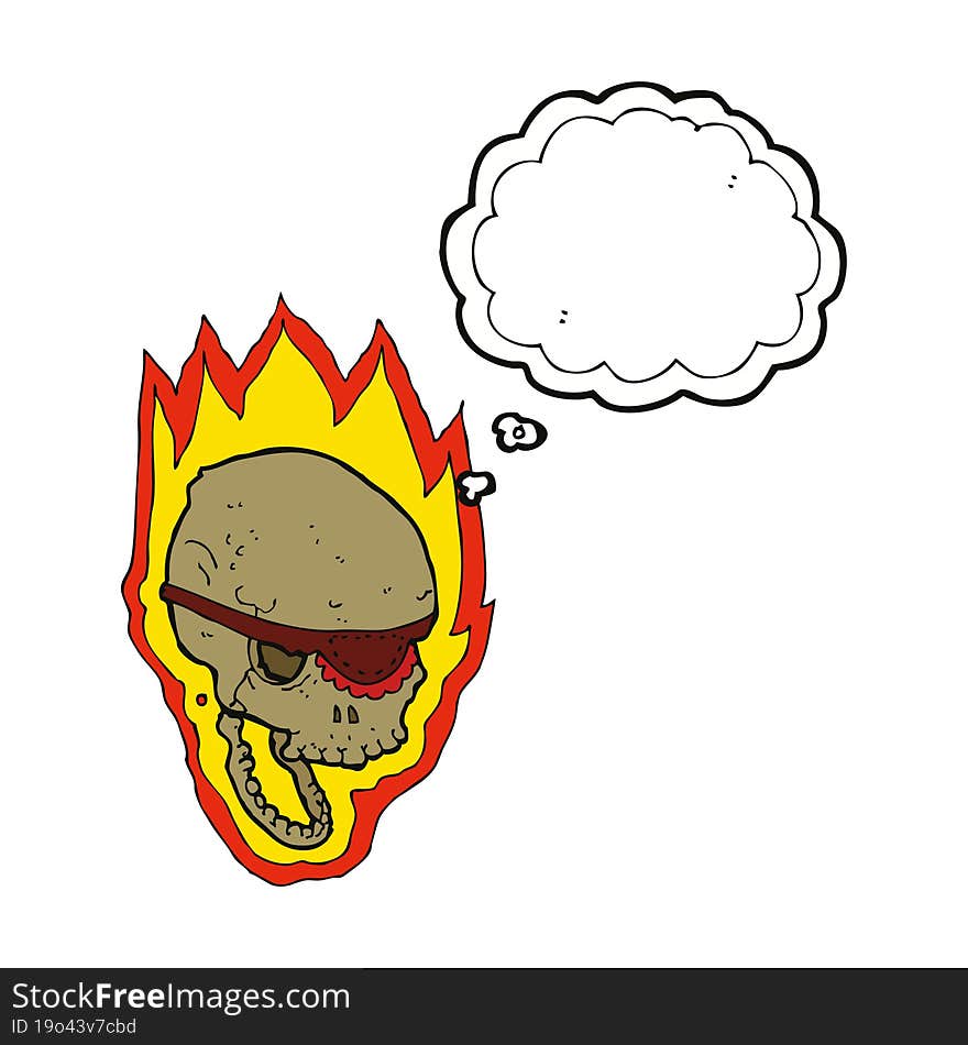 cartoon flaming pirate skull with thought bubble