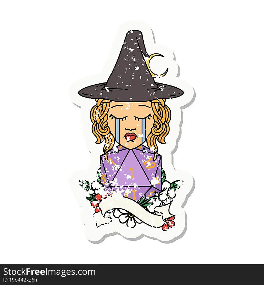 grunge sticker of a human witch with natural one D20 roll. grunge sticker of a human witch with natural one D20 roll