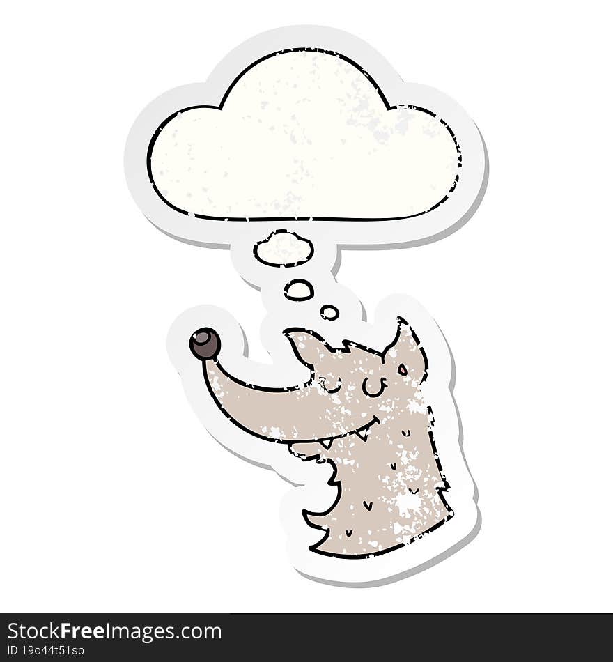 cartoon wolf and thought bubble as a distressed worn sticker