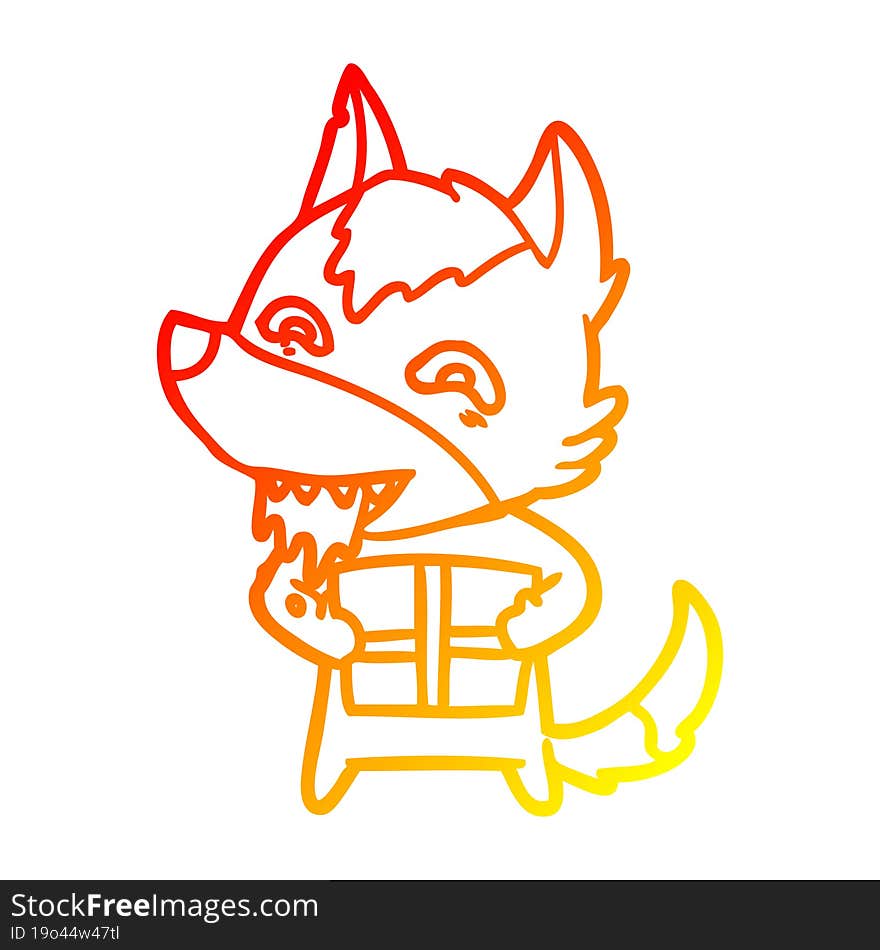 warm gradient line drawing of a cartoon hungry wolf holding christmas present