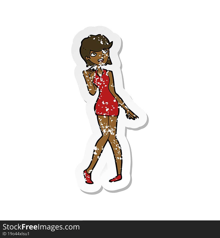 retro distressed sticker of a cartoon woman in cocktail dress