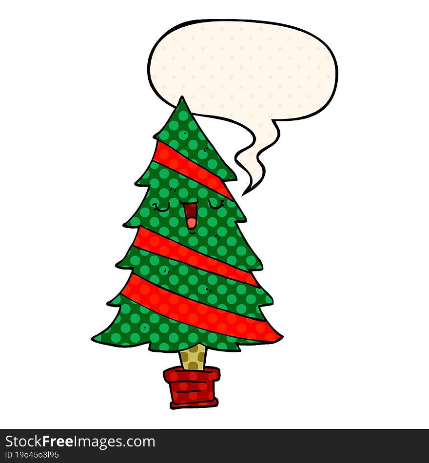 Cartoon Christmas Tree And Speech Bubble In Comic Book Style