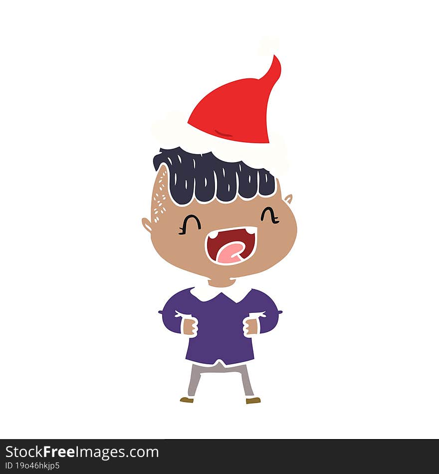 hand drawn flat color illustration of a happy boy laughing wearing santa hat