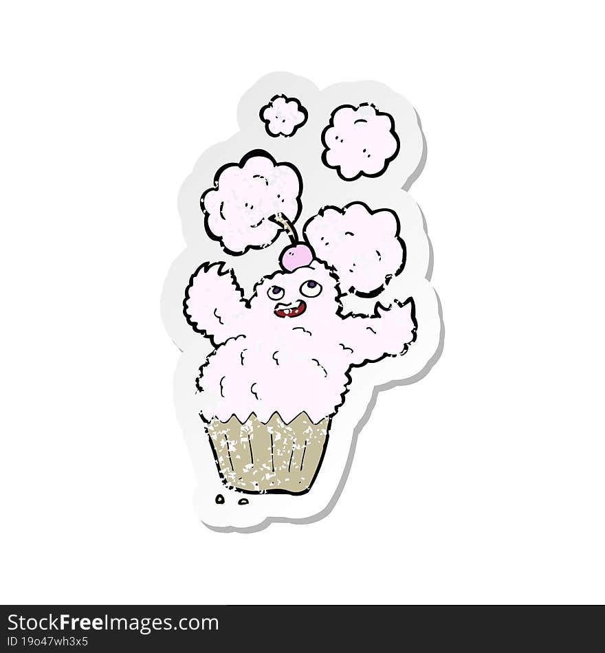 retro distressed sticker of a cartoon cupcake monster