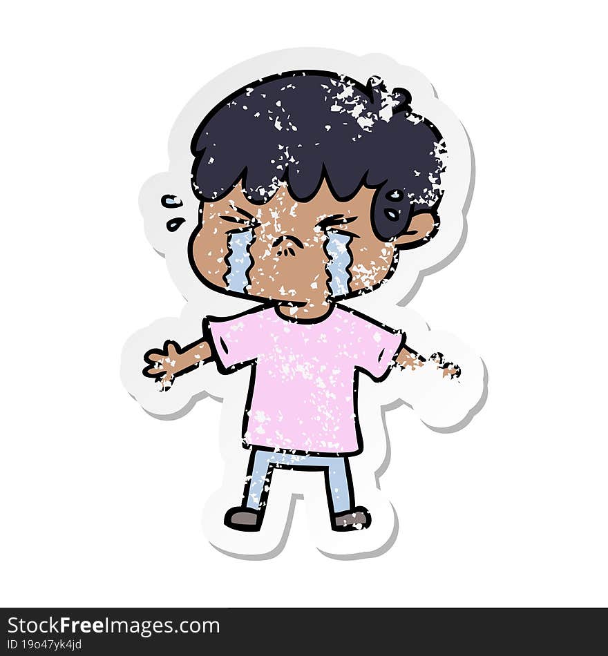 distressed sticker of a cartoon boy crying