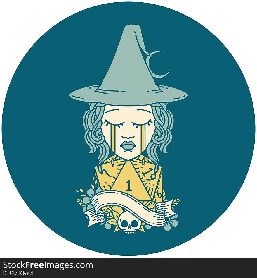 crying human witch with natural D20 roll illustration