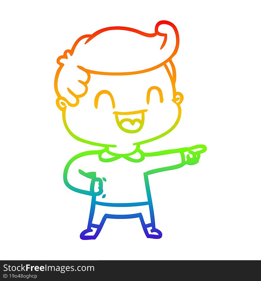 rainbow gradient line drawing of a cartoon happy man pointing