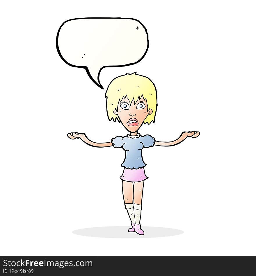 cartoon woman shrugging shoulders with speech bubble