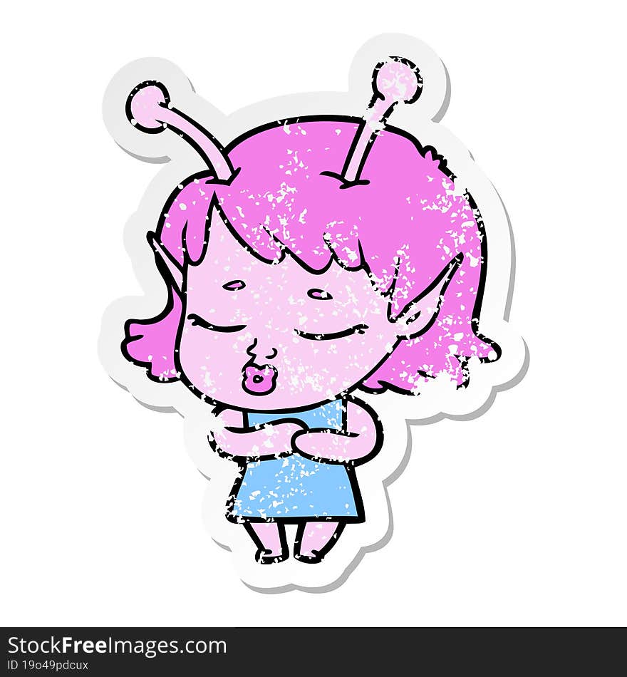 distressed sticker of a cute alien girl cartoon