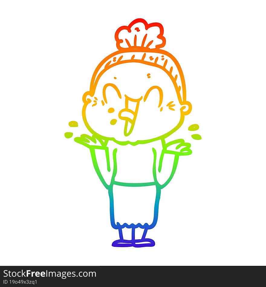 rainbow gradient line drawing of a cartoon happy old woman