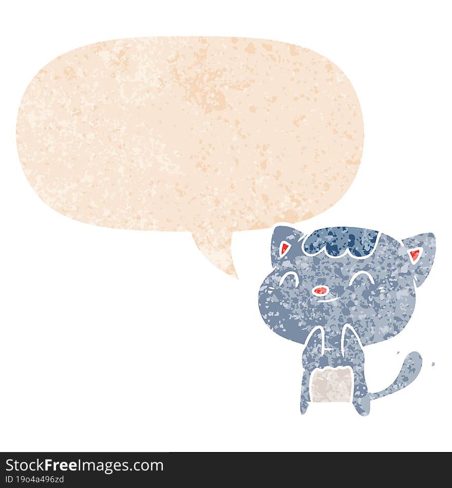 Cartoon Happy Cat And Speech Bubble In Retro Textured Style