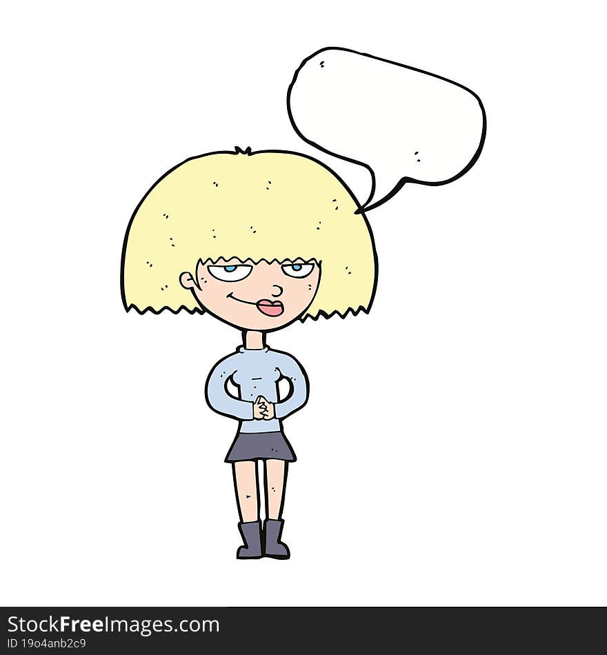 cartoon sly woman with speech bubble