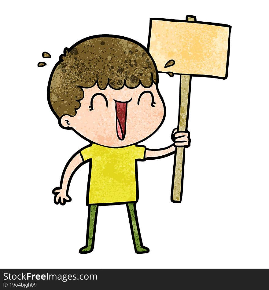 laughing cartoon man waving placard. laughing cartoon man waving placard