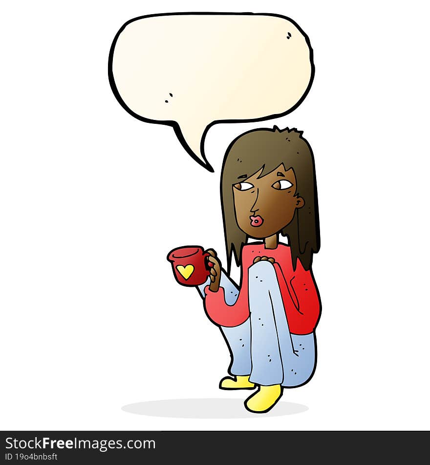 cartoon woman sitting with cup of coffee with speech bubble