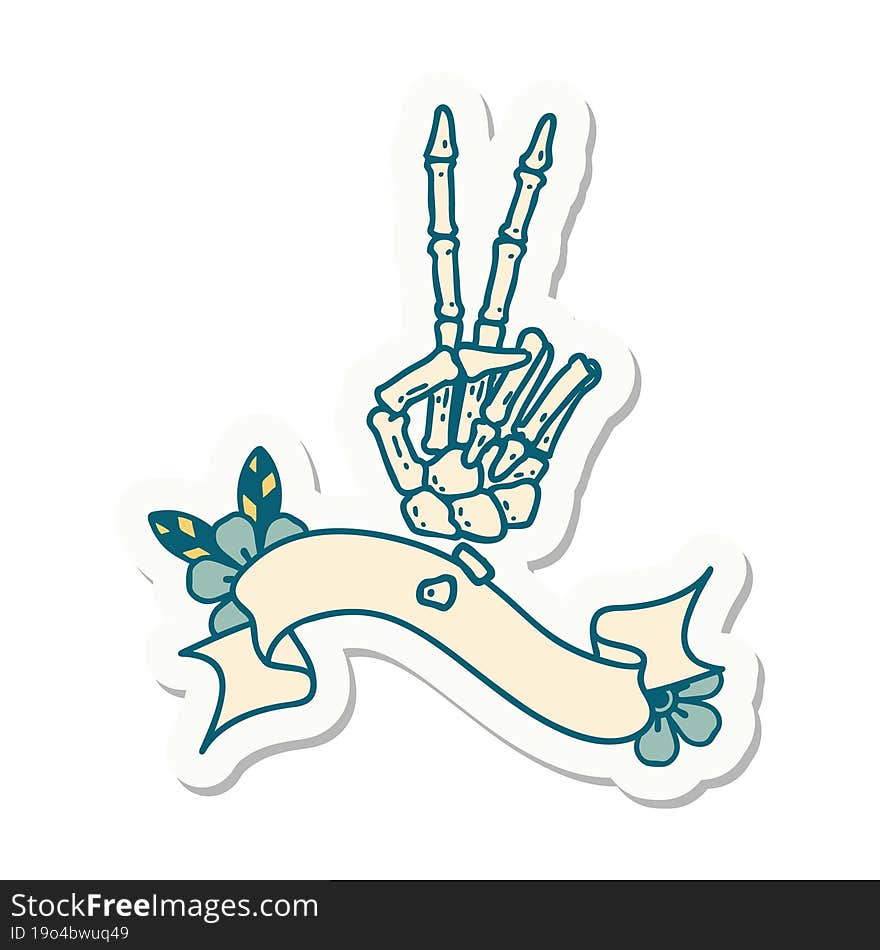 Tattoo Sticker With Banner Of A Skeleton Hand Giving A Peace Sign