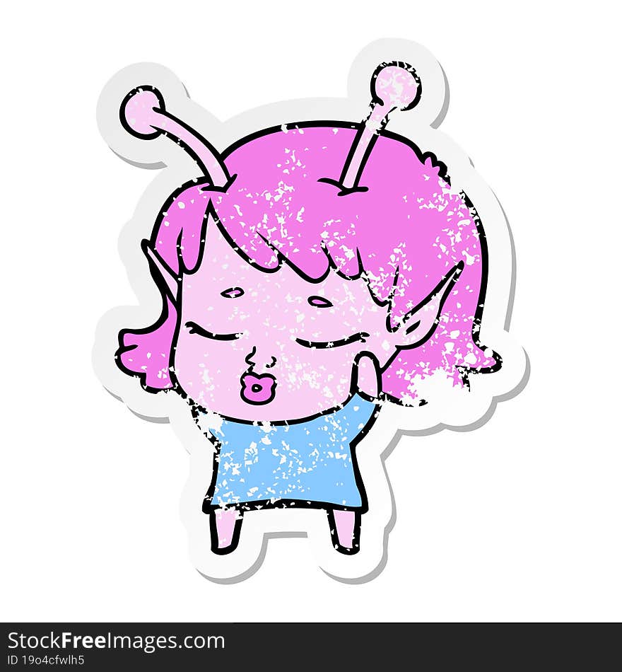 distressed sticker of a cute alien girl cartoon