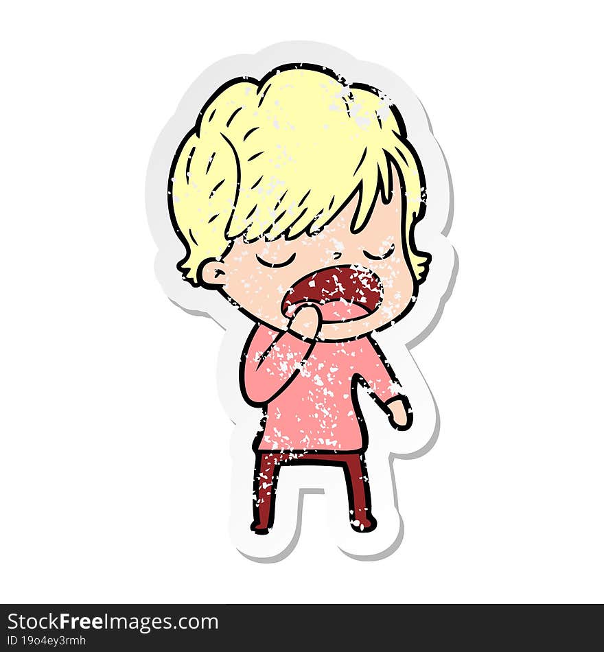 distressed sticker of a cartoon woman talking