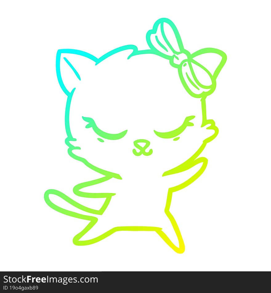 cold gradient line drawing cute cartoon cat with bow