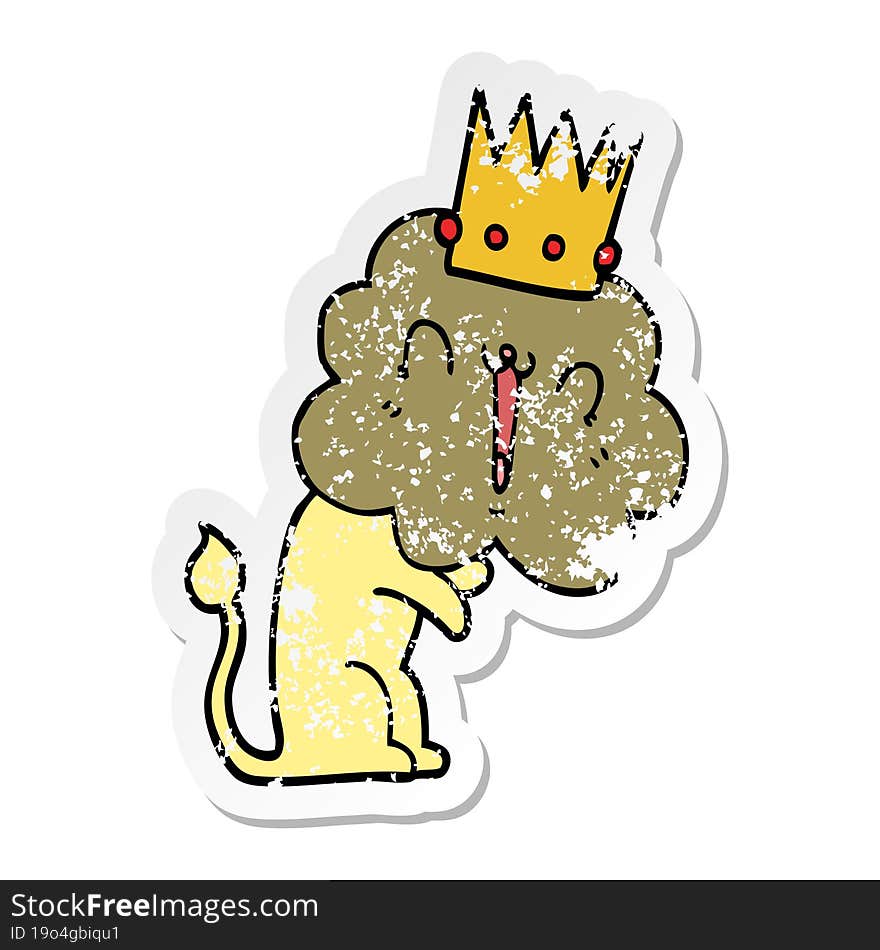 distressed sticker of a cartoon lion with crown