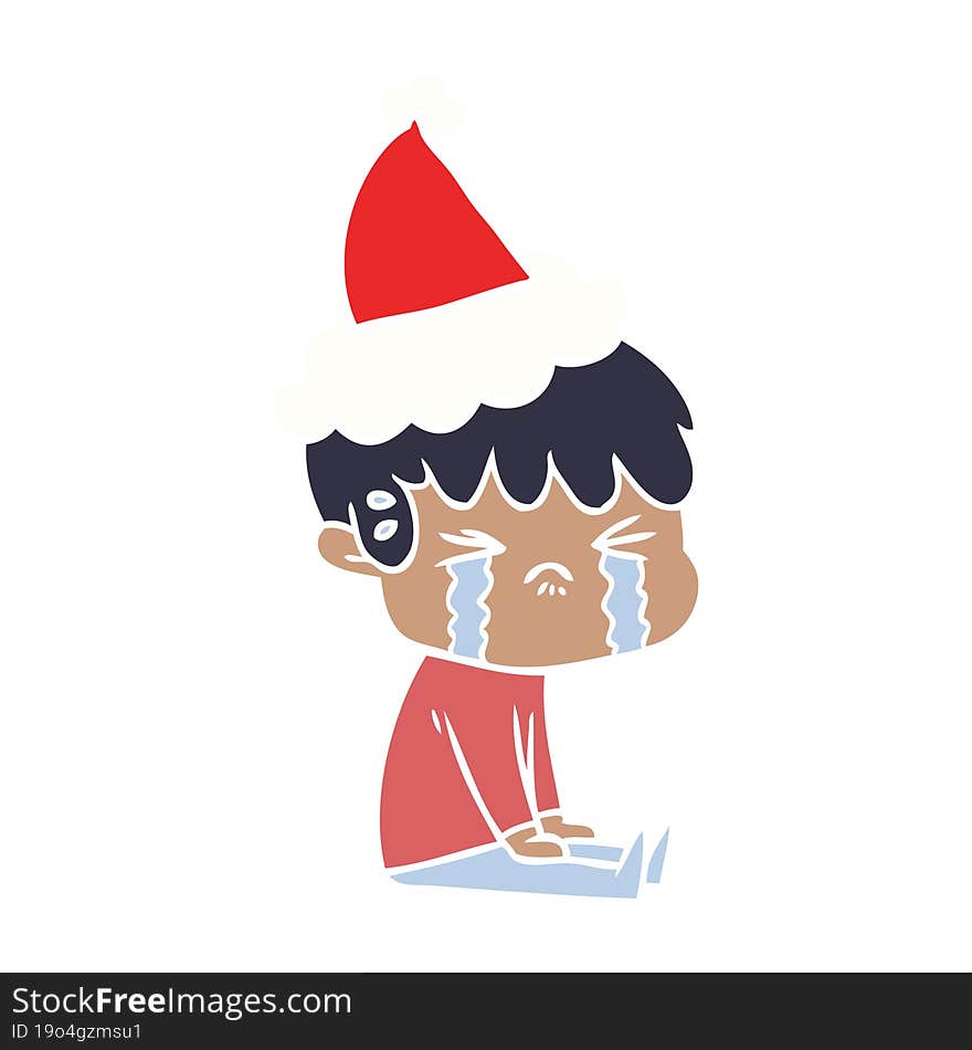 flat color illustration of a boy crying wearing santa hat