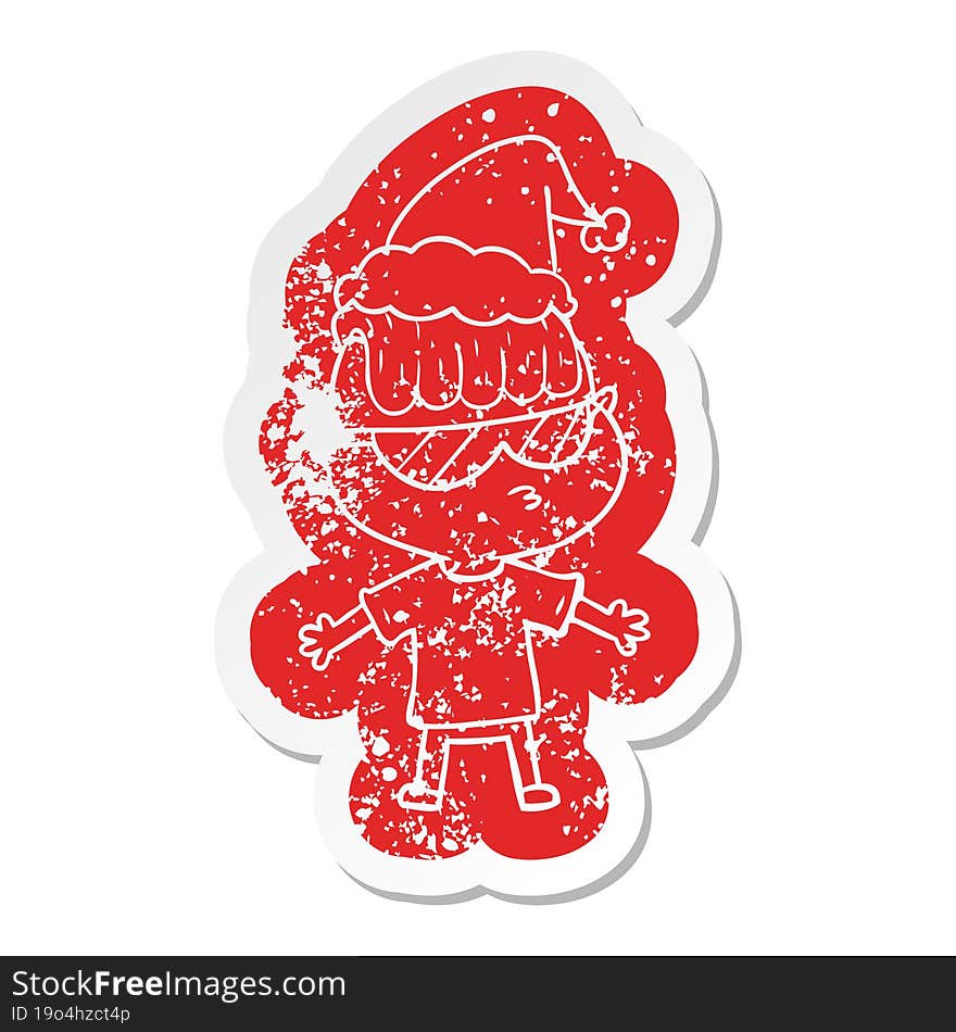 Cartoon Distressed Sticker Of A Boy Wearing Sunglasses Wearing Santa Hat