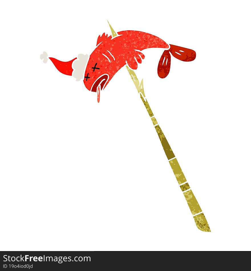 retro cartoon of a fish speared wearing santa hat