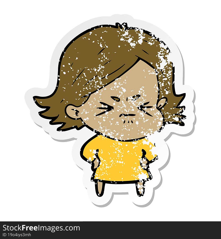 Distressed Sticker Of A Cartoon Angry Girl